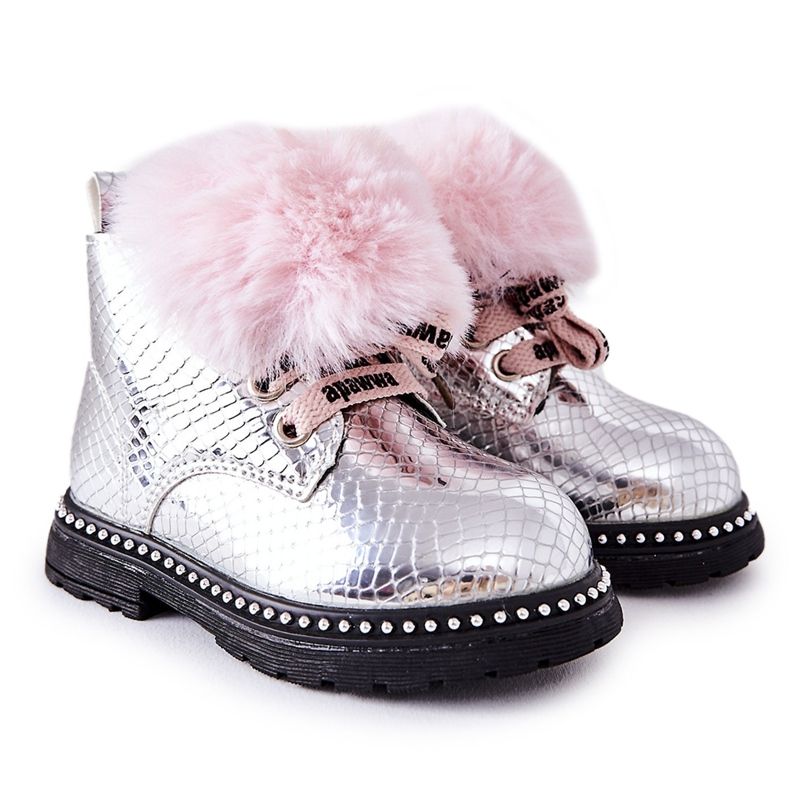 PA1 Children's Warm Boots With Fur Silver Rosea pink PA1 Children's Warm Boots With Fur Silver Rosea pink