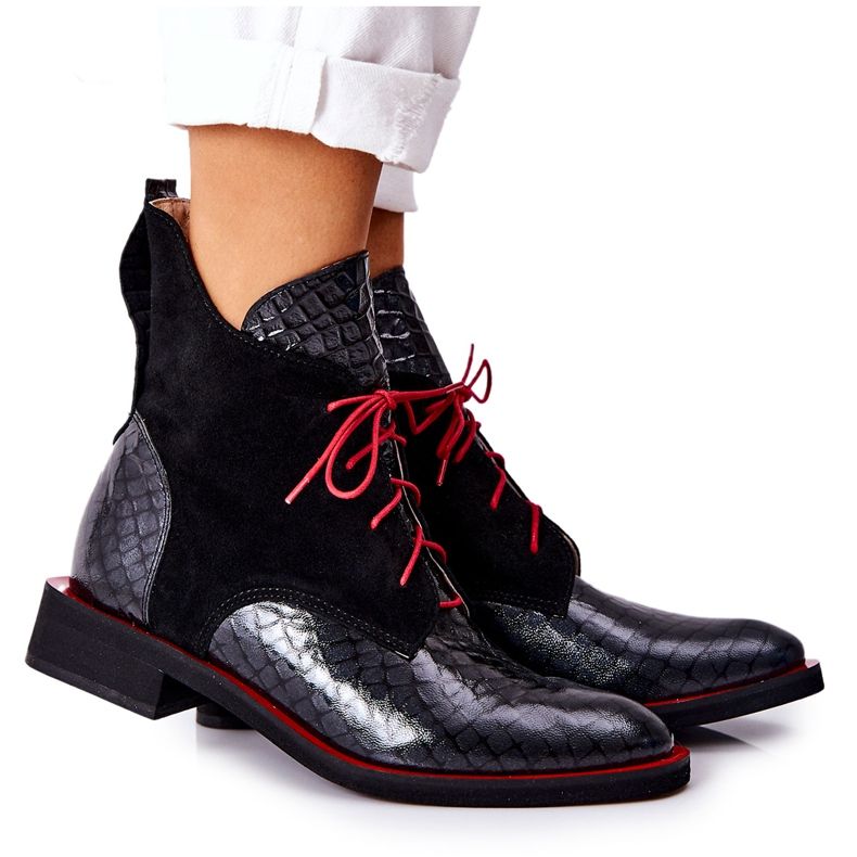 PA2 Leather Booties Alligator pattern Black Laorelia red