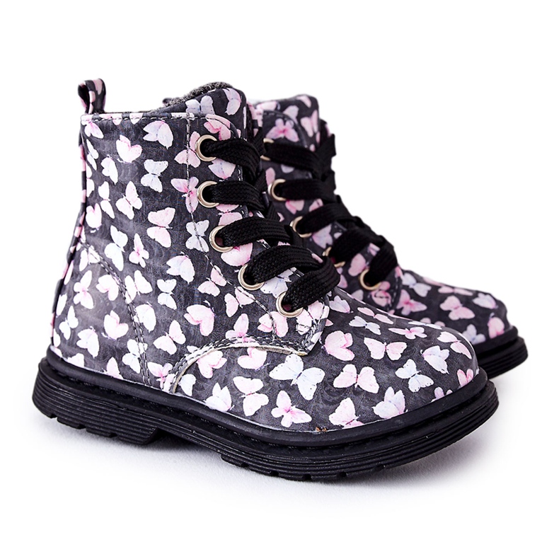 PE1 Leather Boots Warmed With Gray Wool With Amy Butterflies grey