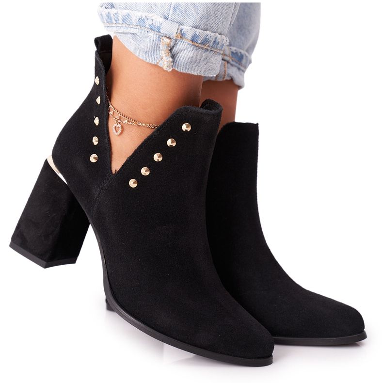 Women's Suede Ankle Boots With Cutouts and Rhinestones Lewski Black 3075