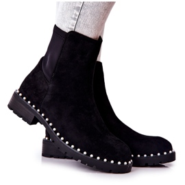 Black Venie Suede Boots With Pearls