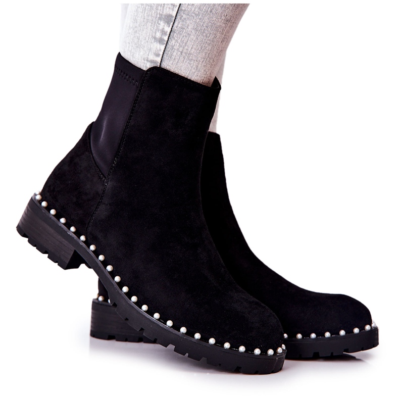 Black Venie Suede Boots With Pearls
