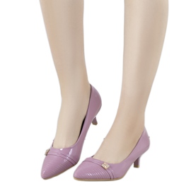 Purple pumps on Molly's low heel