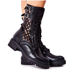 Menie Black Openwork Leather Boots