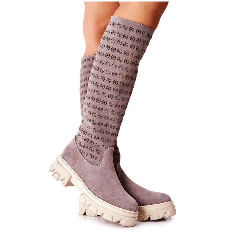 PA2 Suede Boots With Openwork Pattern Light Brown Eldime