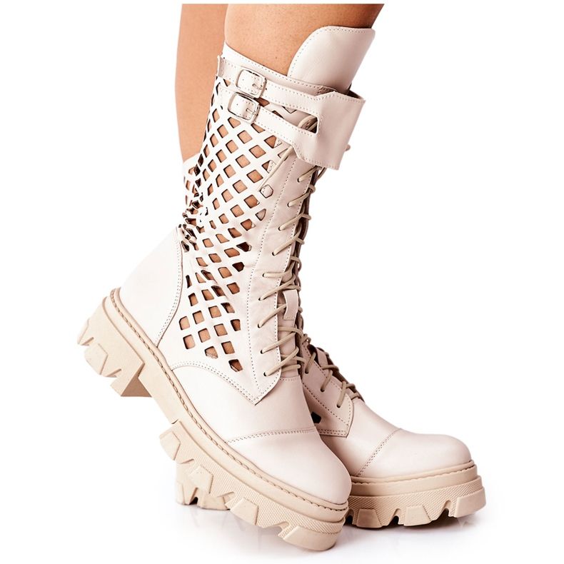 PA2 Women's Openwork Leather Boots Trappers Beige Hootie