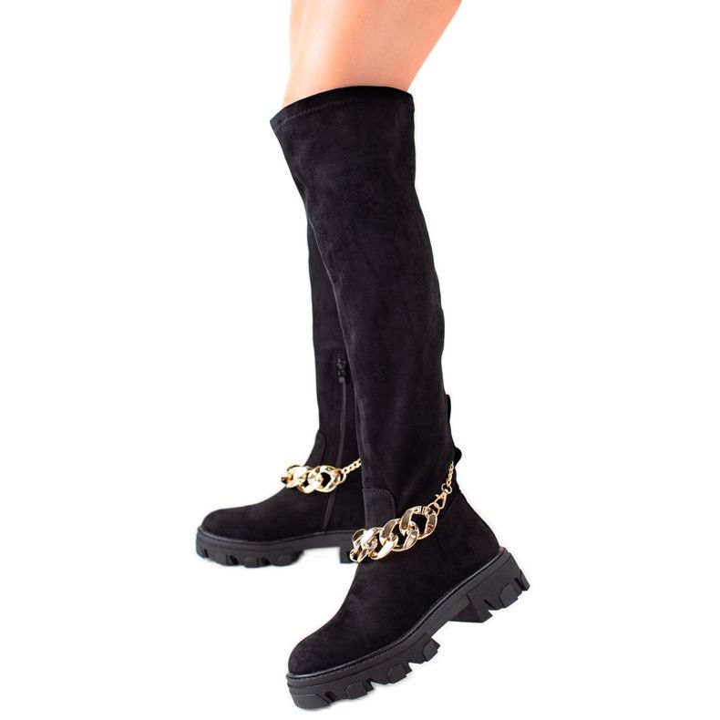 Diamantique Suede boots with a golden chain black