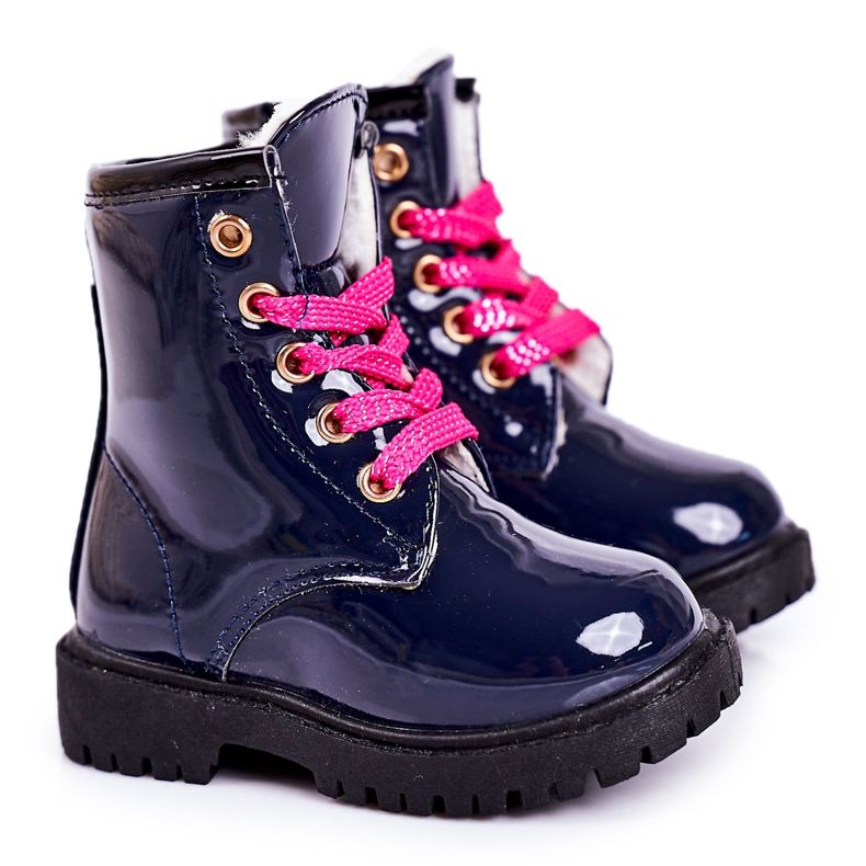 Children's Boots Warmed With Fur, Lacquered Navy Pinkie navy blue
