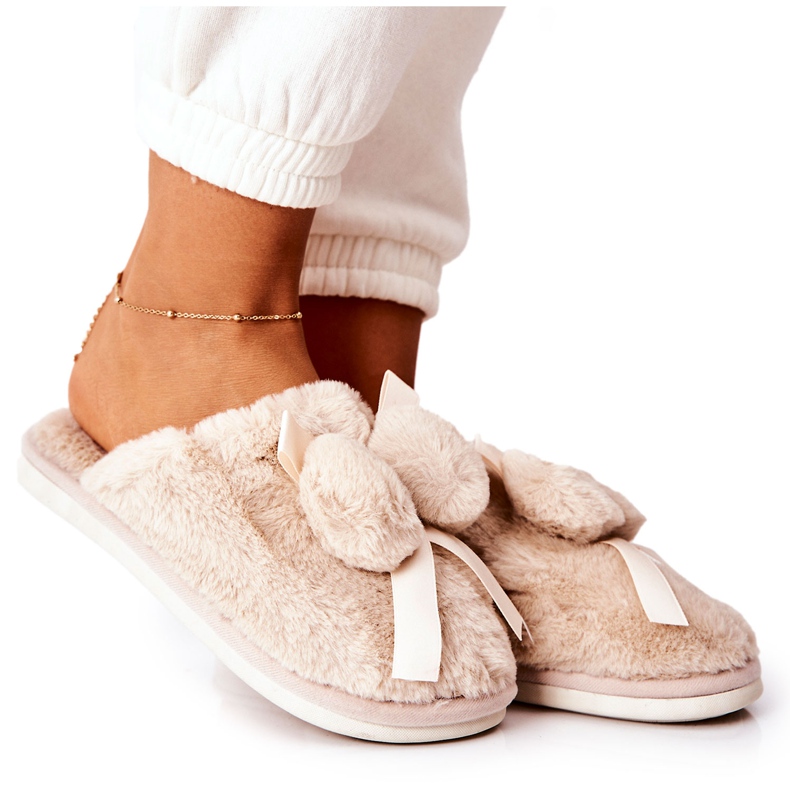 Fur Slippers With Pompoms Beige Pamppies