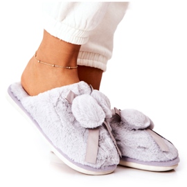 Gray Pamppy Fur Slippers With Pompoms grey Gray Pamppy Fur Slippers With Pompoms grey