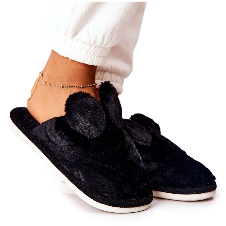 Fur Slippers With Black Thorpe Ears Fur Slippers With Black Thorpe Ears