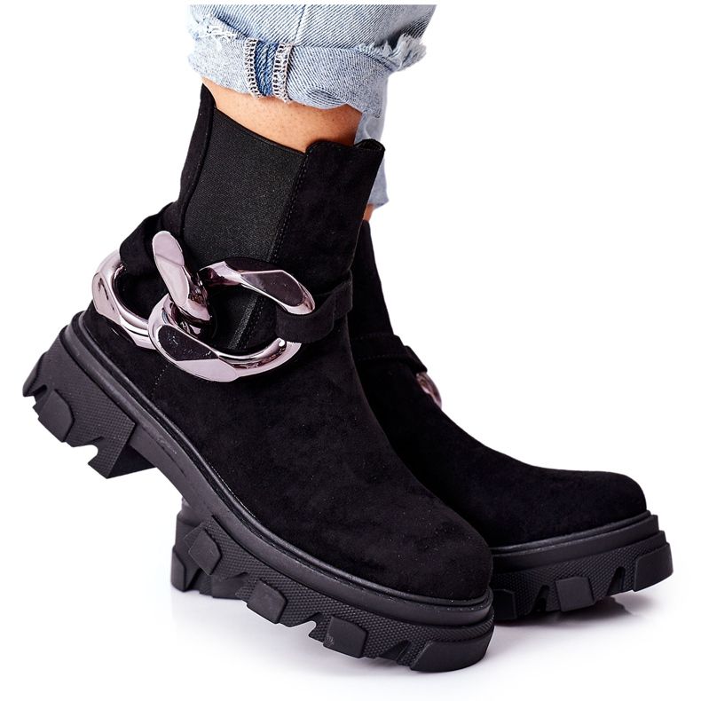 S.Barski Women's insulated boots, black Chelsea boots with an ornament