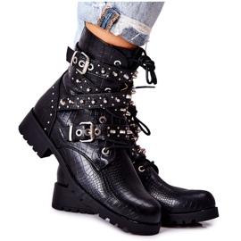 Leather Ankle Boots With Stripes Animal Pattern Black Kepherine