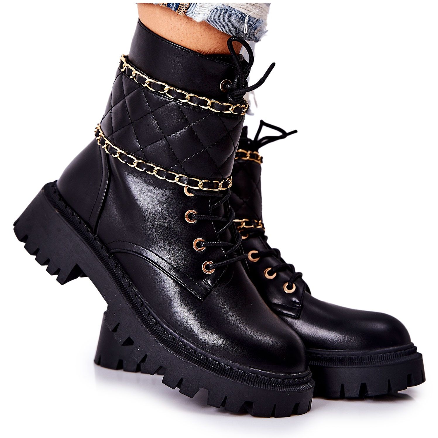 FJ1 Black Worker Boots With A Chain 