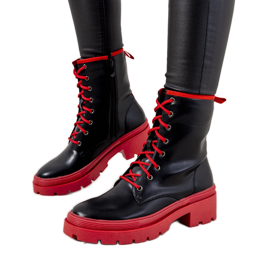 Lacquered women's black work boots with a red sole - KeeShoes