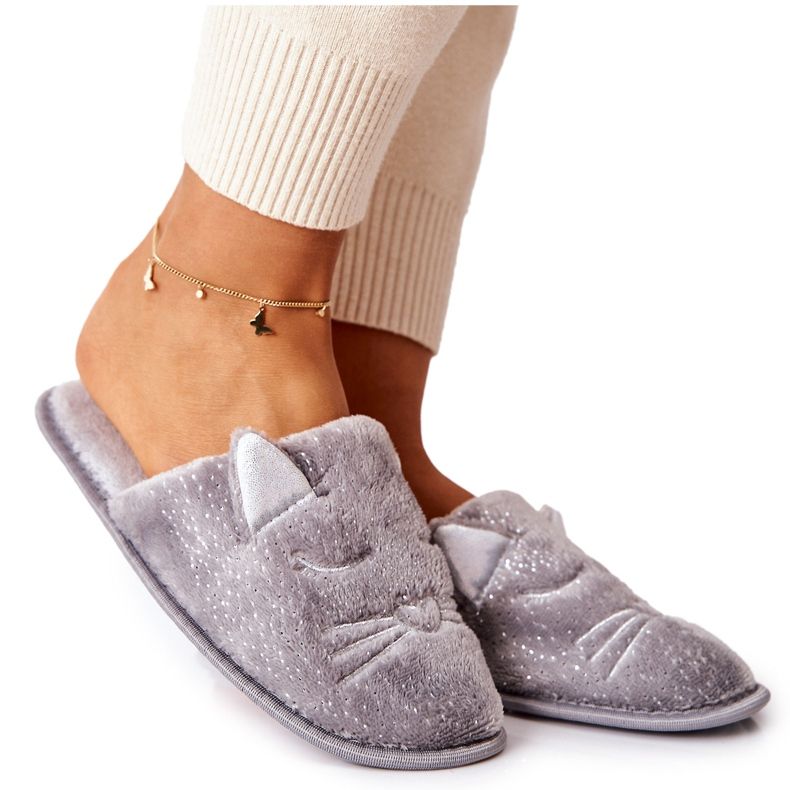 PE1 Shiny Kitten Slippers With Gray Kaisy Ears silver grey