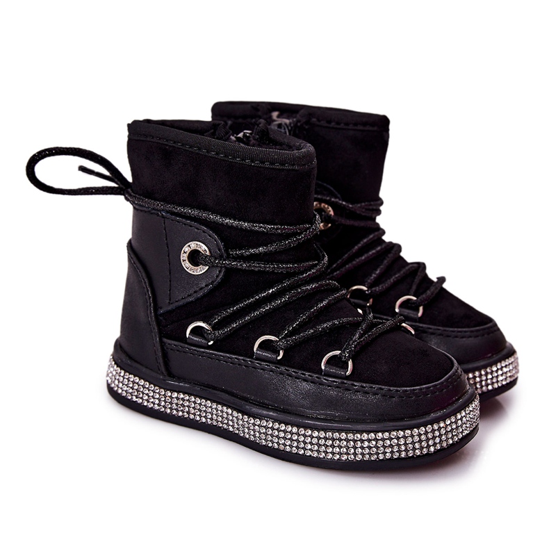 FR1 Children's Black Snow Boots With Cubic Zirconia Wellma
