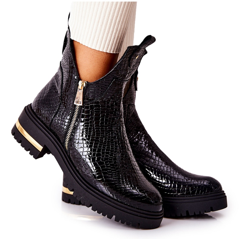 PA2 Black Boots With A Cut Out Crocodile Pattern Black Crolisia