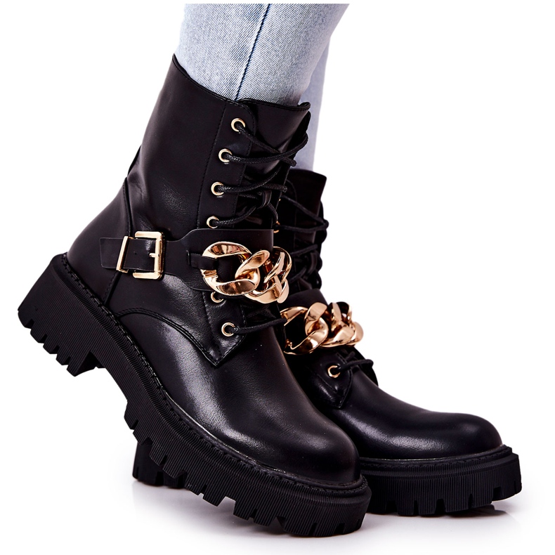 WS1 Black Molisa Worker Boots With Chain golden