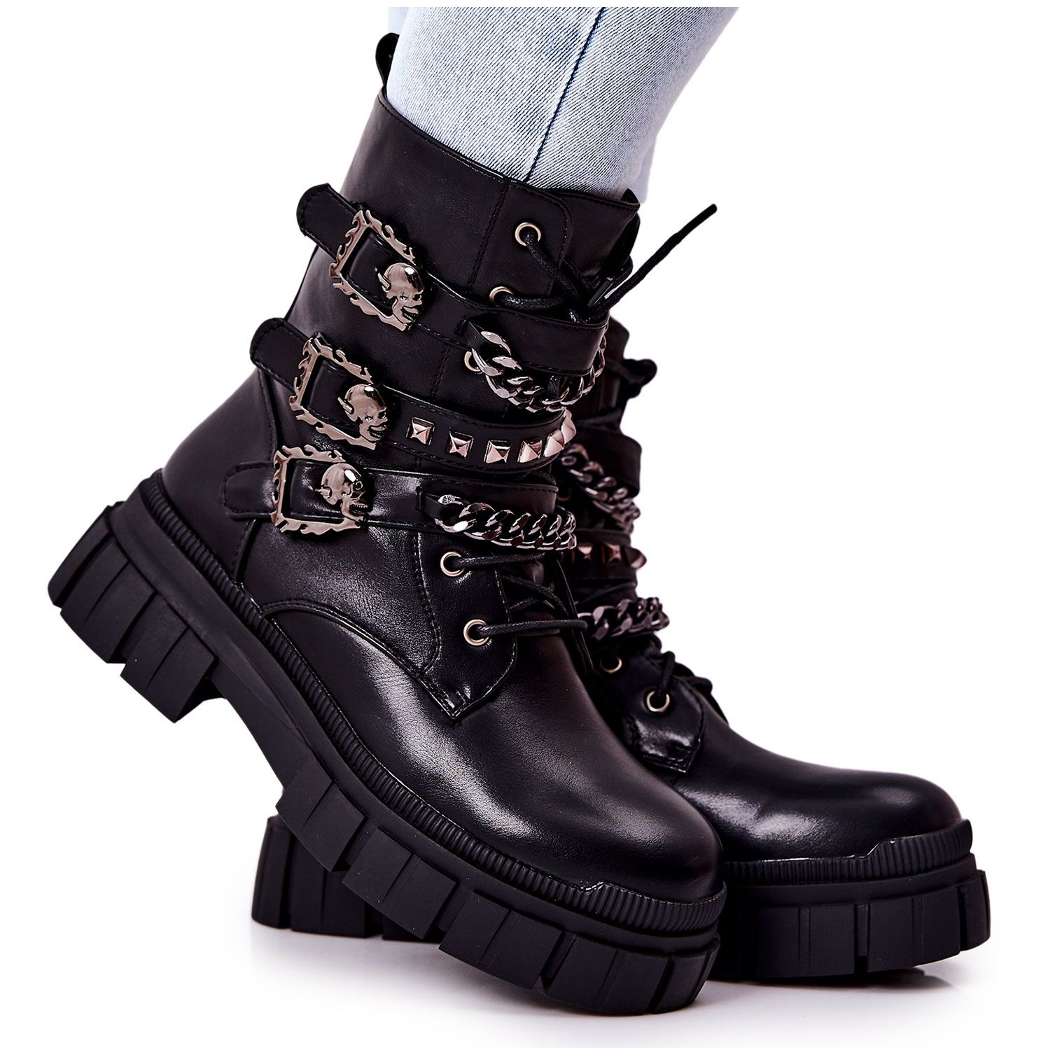 WS1 Boots Tied Chain Buckle Black Reiloy