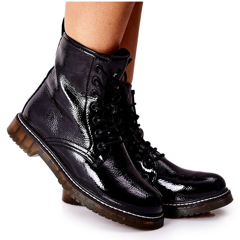 PE1 Lacquered Workers Booties On A Black Slider Stock