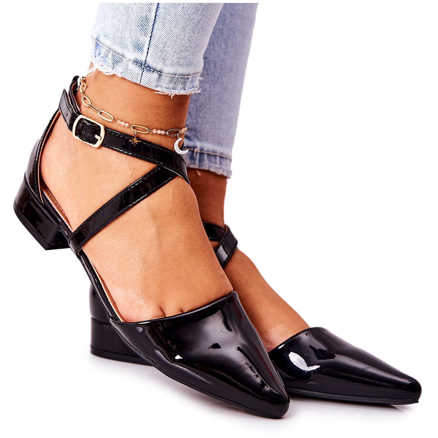 Black patent top low heels