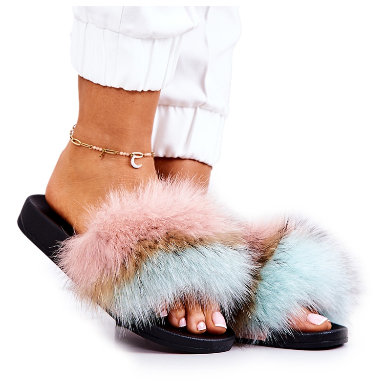 FM1 Slippers With Natural Fur Pink-Green Naturis