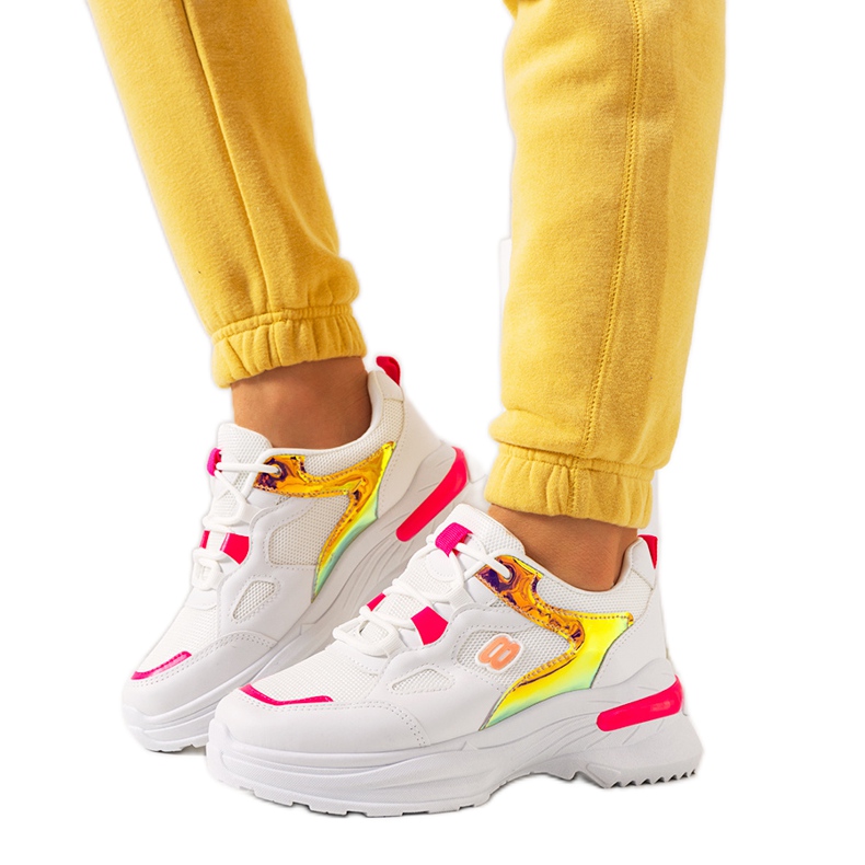 White and pink sneakers with Going holographic inserts
