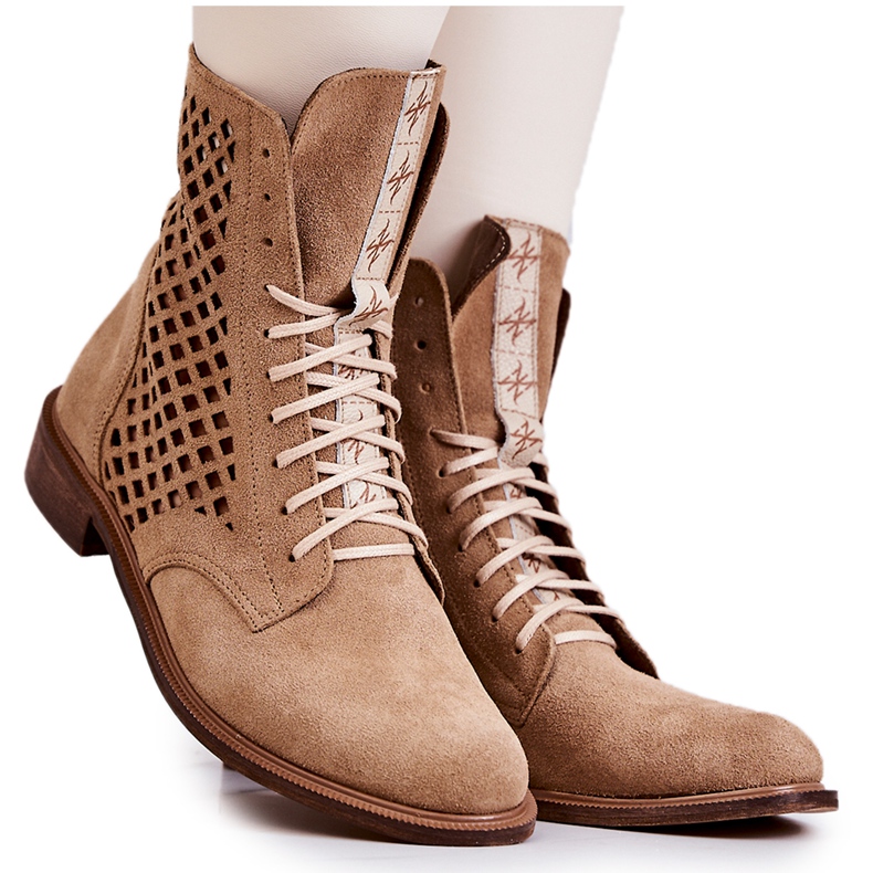 Openwork Leather Booties Tied Nicole Camel 2696 brown