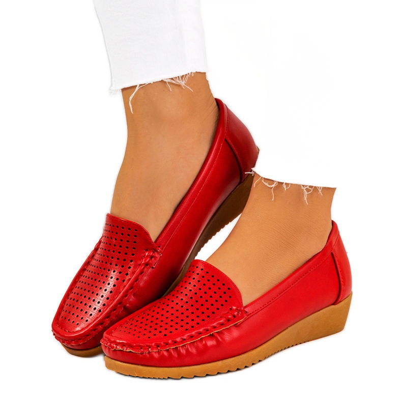 Red moccasins on the Dalal wedge heel