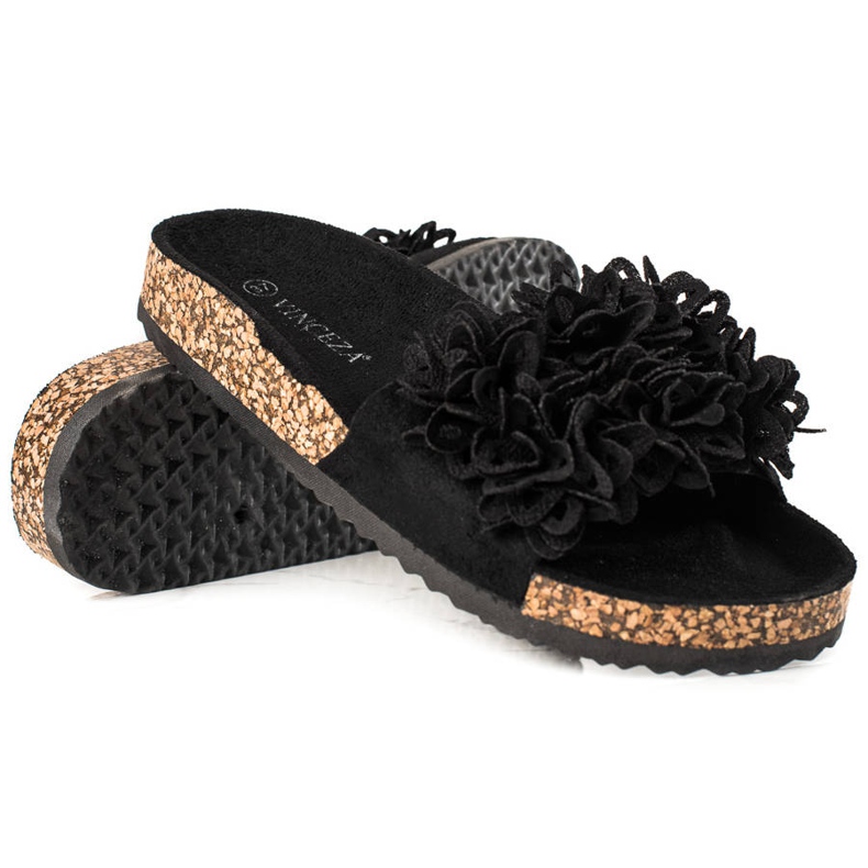 Black Slippers With Flowers VINCEZA Black Slippers With Flowers VINCEZA