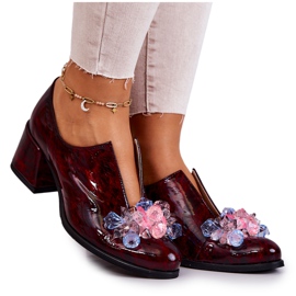 PA2 Elegant Leather High Heels With Burgundy Delaver Decoration red