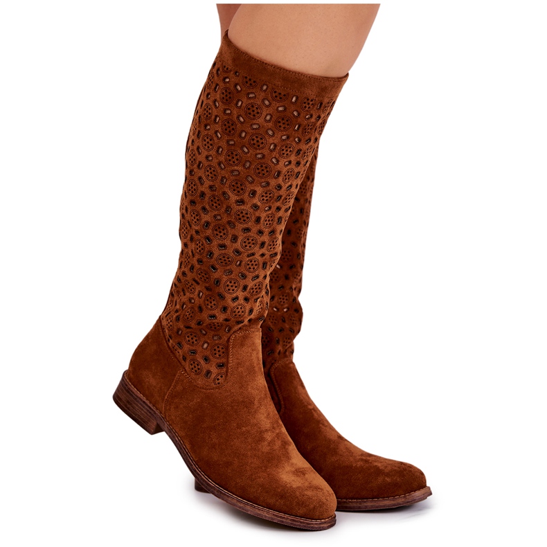 S.Barski Camel Darnell suede boots with an openwork pattern brown