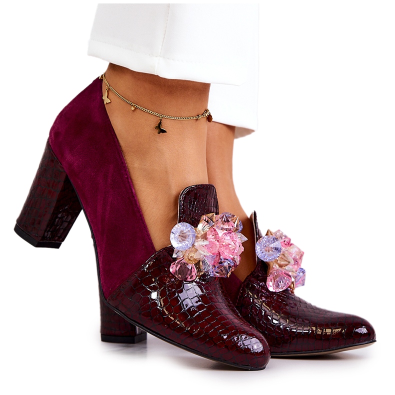 Suede Snakeskin Pumps With Maroon Mallory Ornament red