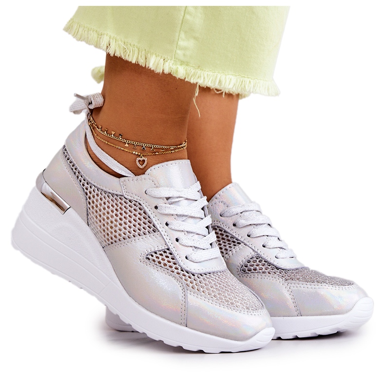 S.Barski Leather Wedge Sneakers With Mesh Silver