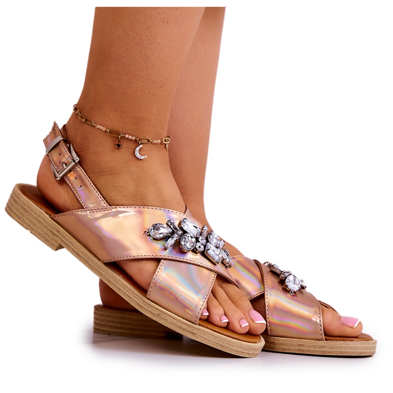 FW1 Comfortable Women's Sandals With A Rose Gold Irvine Decoration pink golden FW1 Comfortable Women's Sandals With A Rose Gold Irvine Decoration pink golden
