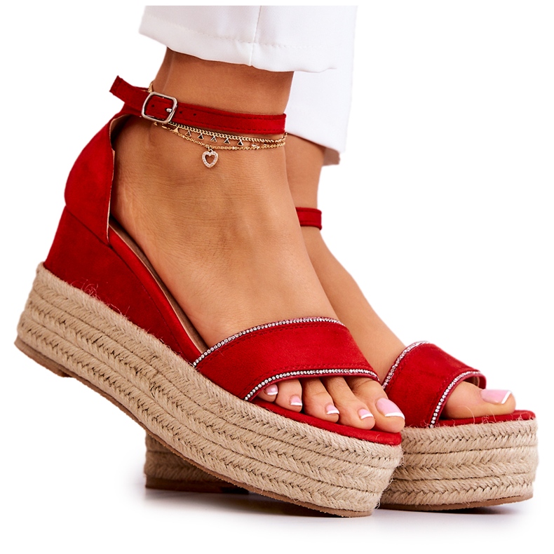 FW1 Women's Sandals On Wedge With Cubic Zirconia Red Linette