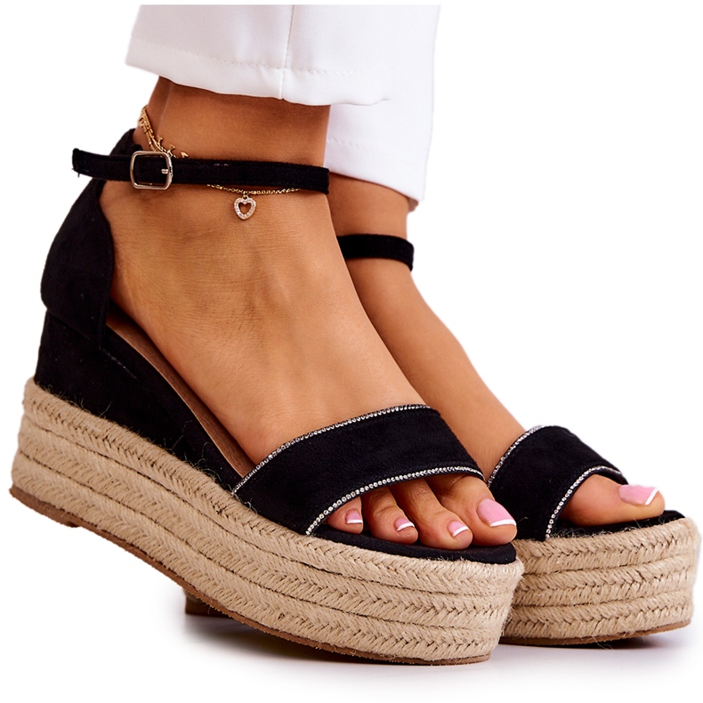 FW1 Women's Sandals On A Wedge With Cubic Zirconia Black Linette