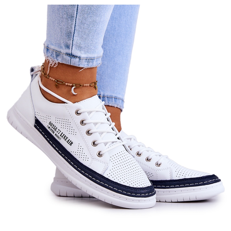 Women's Leather Sneakers White and Navy Blue Cloesa