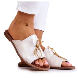 Leather Women's Slippers Nicole 2659/004 White and Gold Leather Women's Slippers Nicole 2659/004 White and Gold