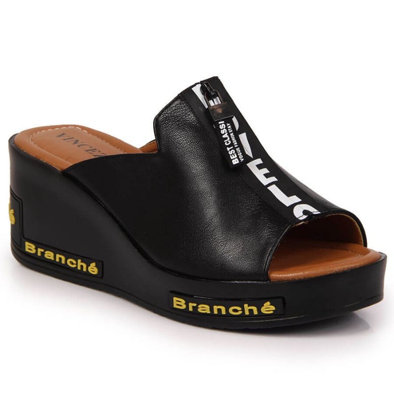 Black wedge slippers with inscriptions Vinceza W JAN109