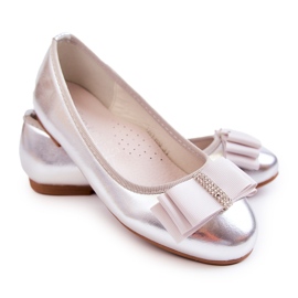 S.Barski Leather Children's Ballerinas With A Decorative Silver Claril Bow S.Barski Leather Children's Ballerinas With A Decorative Silver Claril Bow