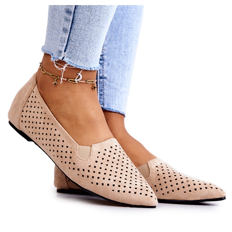 LU BOO Women's Openwork Ballerinas Slip-on Beige Rosario