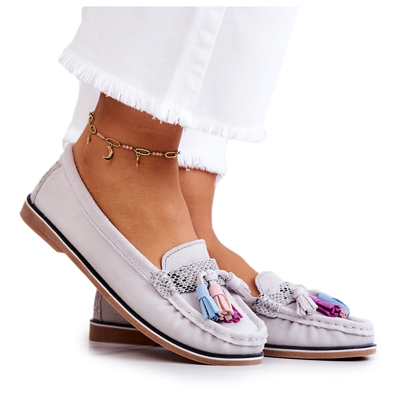Women's Suede Loafers With Fringes Gray Laressa grey