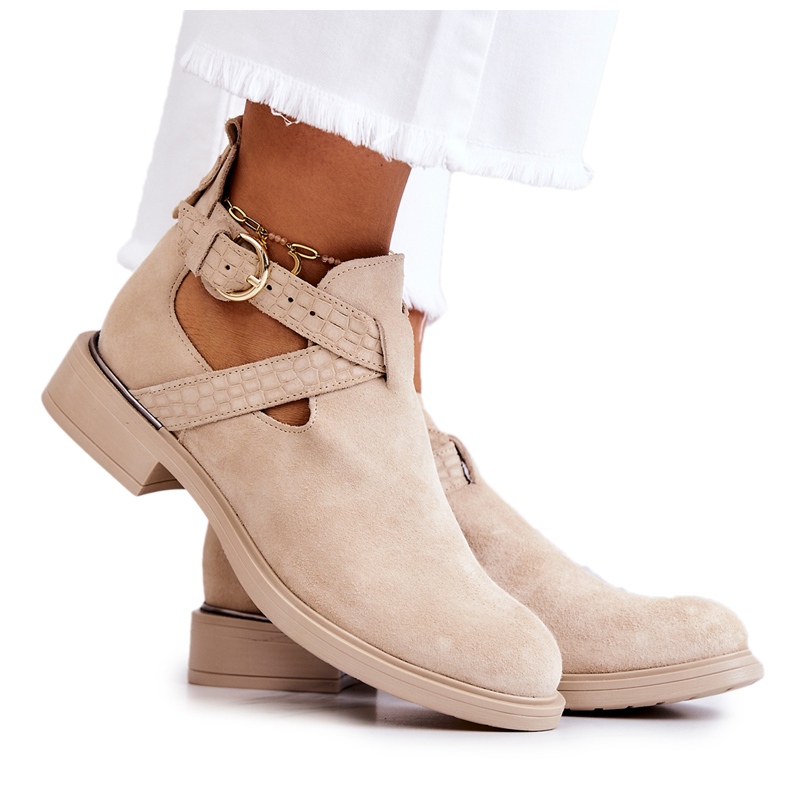 PL5 Women's Leather Booties With A Cut Out Light Beige Ramos