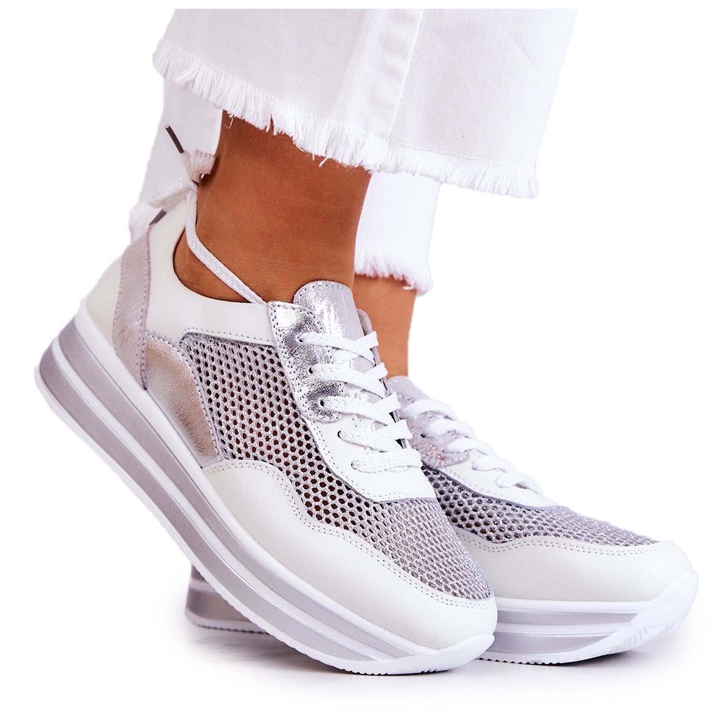 S.Barski Women s Sport Shoes Sneakers White Silver Bourne KeeShoes