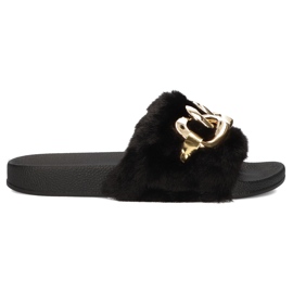 Filippo Black slippers with fur, gold chain QT300