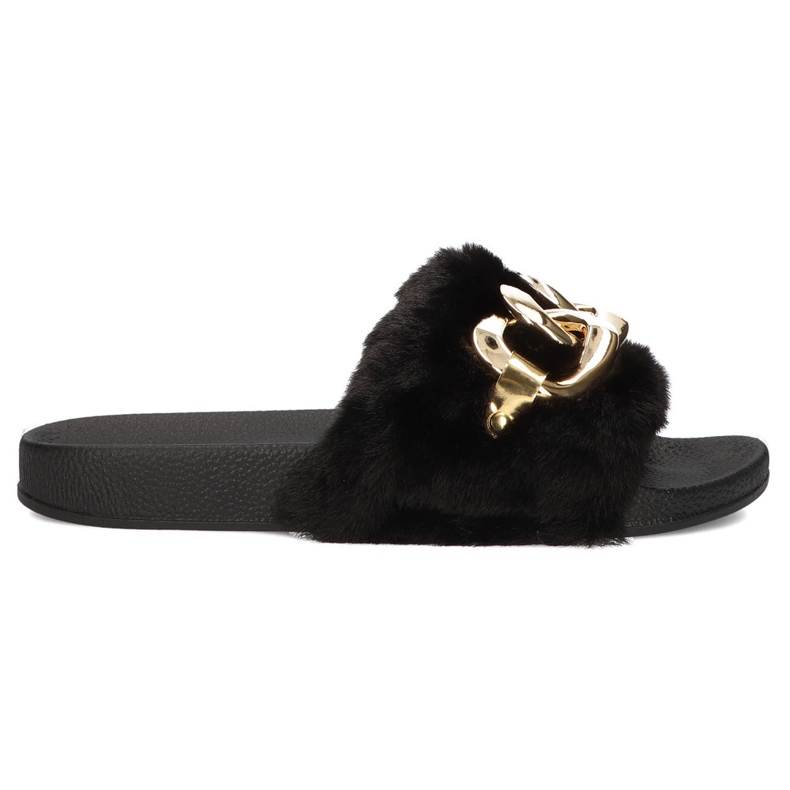 Filippo Black slippers with fur, gold chain QT300