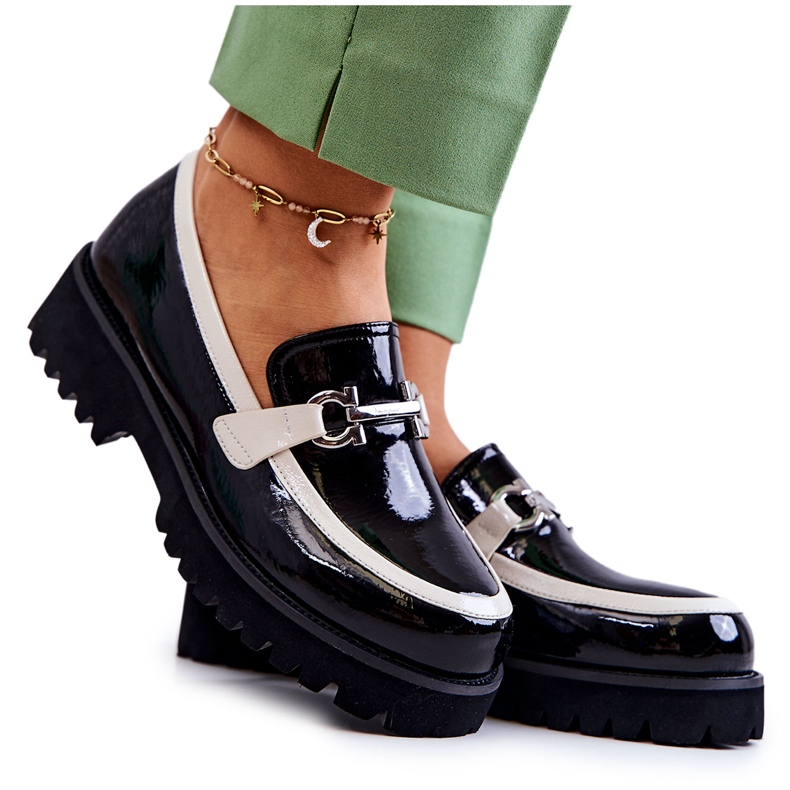 S.Barski Lacquered Women's Loafers Black and White Cassida