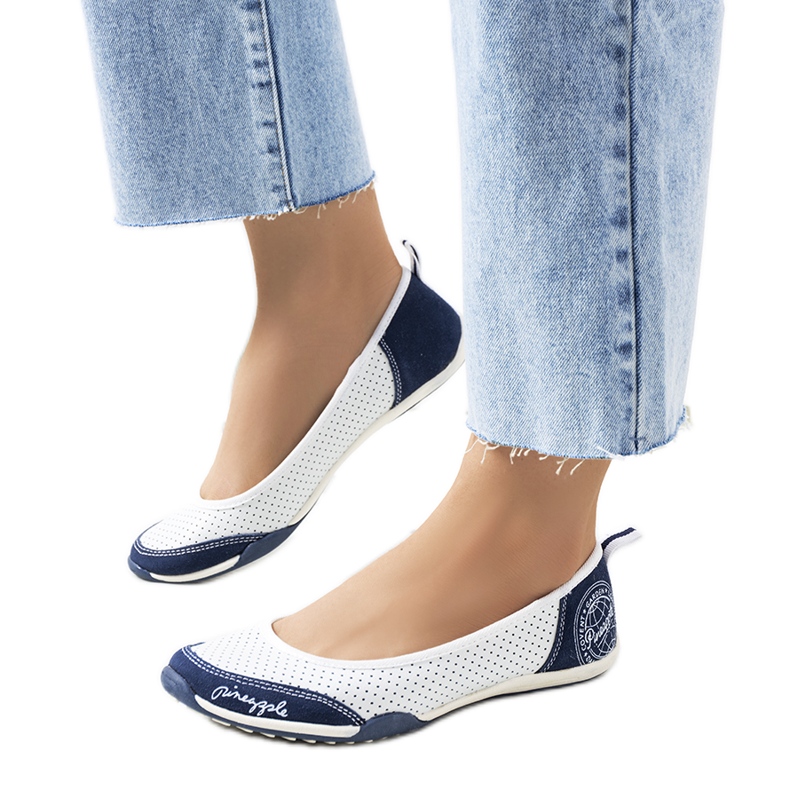 Wascana white openwork leather ballerinas navy blue